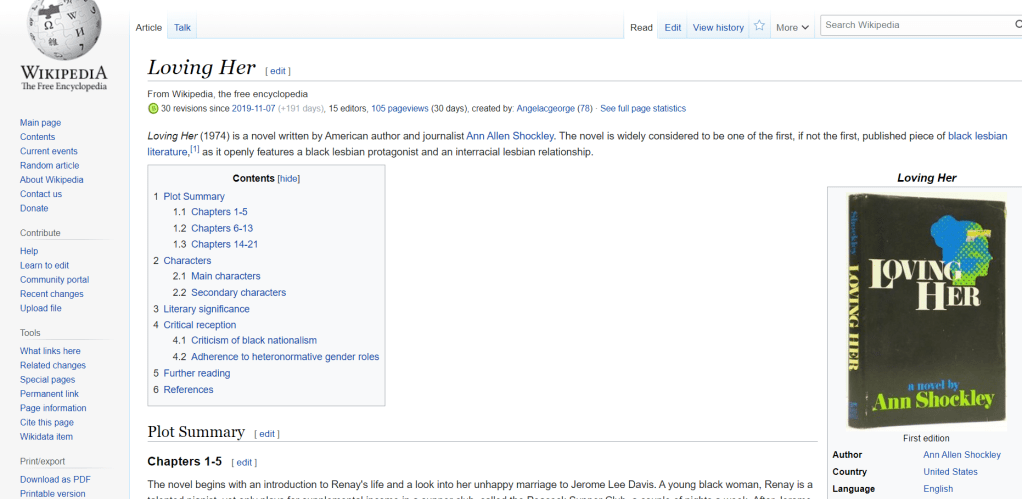 Wikipedia page for Loving Her by Ann Allen Shockley